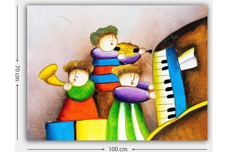 Lærred 70x100 cm - Tre glade børn spiller musik med forskellige instrumenter - Grøn / Rød / Blå - Boligtilbehør - Billeder & kunst - Billeder på lærred