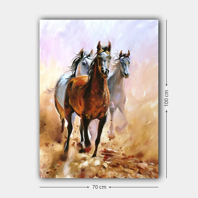 Lærred 70x100 cm - Tre heste galoperer fremad i en dynamisk bevægelse - Brun / Hvid / Beige - Boligtilbehør - Billeder & kunst - Billeder på lærred