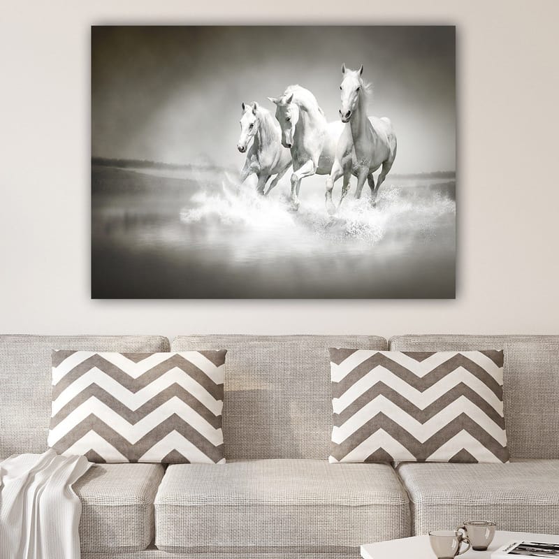 Lærred 70x100 cm - Tre hvide heste galoperer gennem vandet - Hvid / Grå - Boligtilbehør - Billeder & kunst - Billeder på lærred