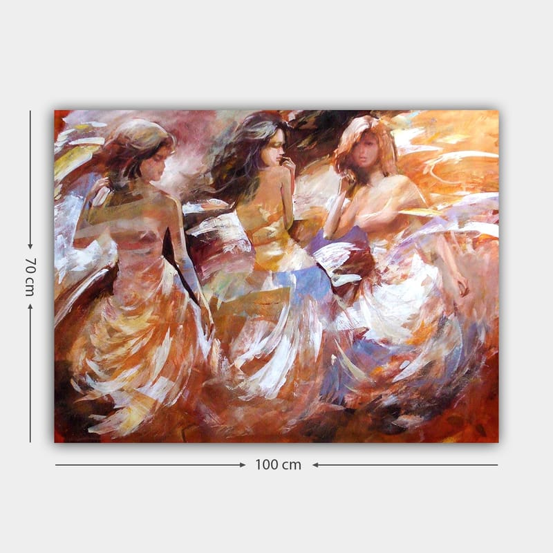 Lærred 70x100 cm - Tre kvinder i flagrende kjoler, der danser, fanget i en dynamisk bevægelse - Orange / Hvid / Beige - Boligtilbehør - Billeder & kunst - Billeder på lærred