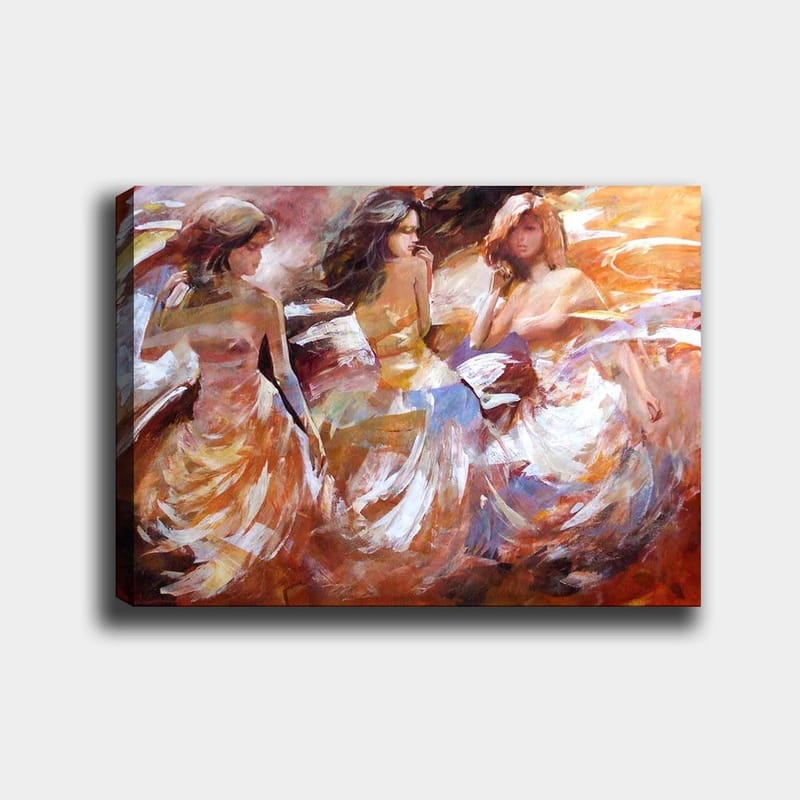 Lærred 70x100 cm - Tre kvinder i flagrende kjoler, der danser, fanget i en dynamisk bevægelse, Orange / Hvid / Beige