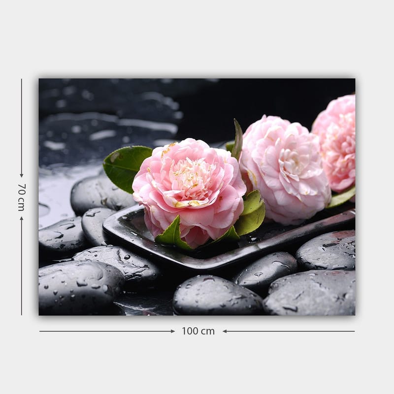 Lærred 70x100 cm - Tre lyserøde blomster på en tallerken med sorte sten og vanddråber - Lyserød / Sort / Grøn - Boligtilbehør - Billeder & kunst - Billeder på lærred