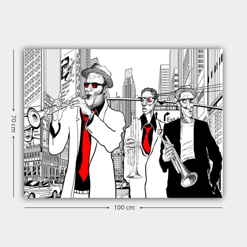 Lærred 70x100 cm - Tre musikere i kostumer, der spiller instrumenter på en travl gade - Rød / Sort / Hvid - Boligtilbehør - Billeder & kunst - Billeder på lærred