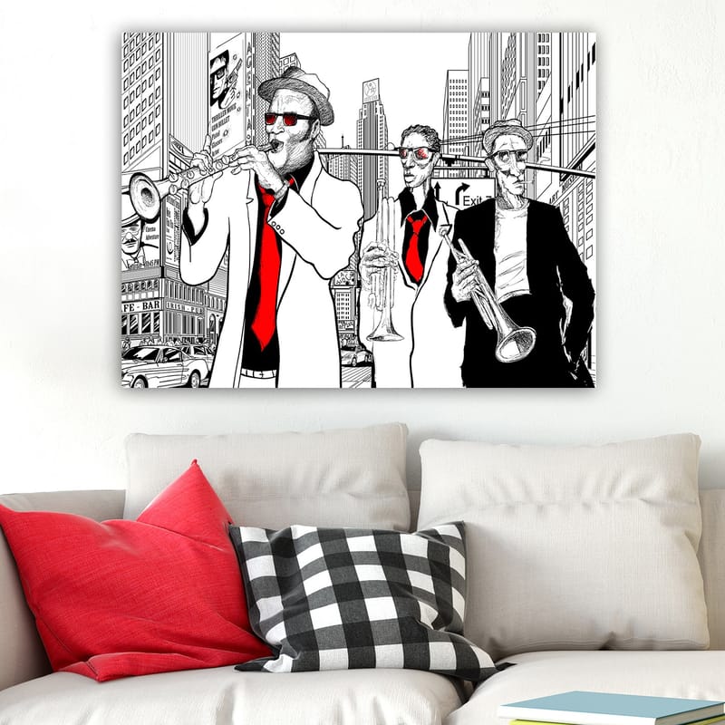 Lærred 70x100 cm - Tre musikere i kostumer, der spiller instrumenter på en travl gade - Rød / Sort / Hvid - Boligtilbehør - Billeder & kunst - Billeder på lærred