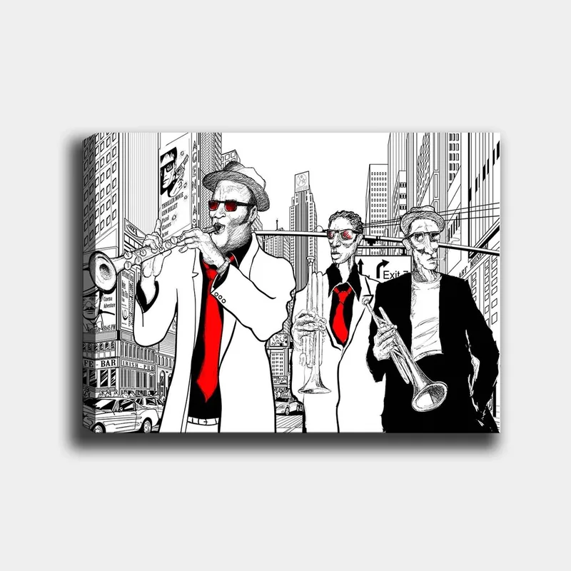 Lærred 70x100 cm - Tre musikere i kostumer, der spiller instrumenter på en travl gade, Rød / Sort / Hvid