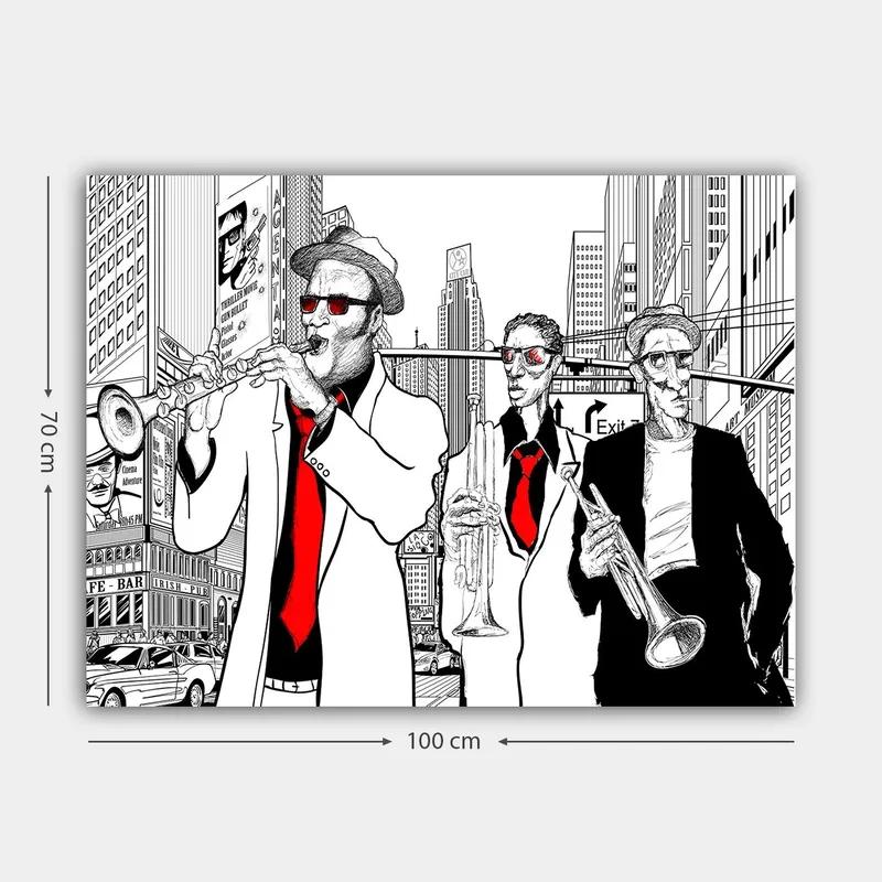 Lærred 70x100 cm - Tre musikere i kostumer, der spiller instrumenter på en travl gade - Rød / Sort / Hvid - Boligtilbehør - Billeder & kunst - Billeder på lærred