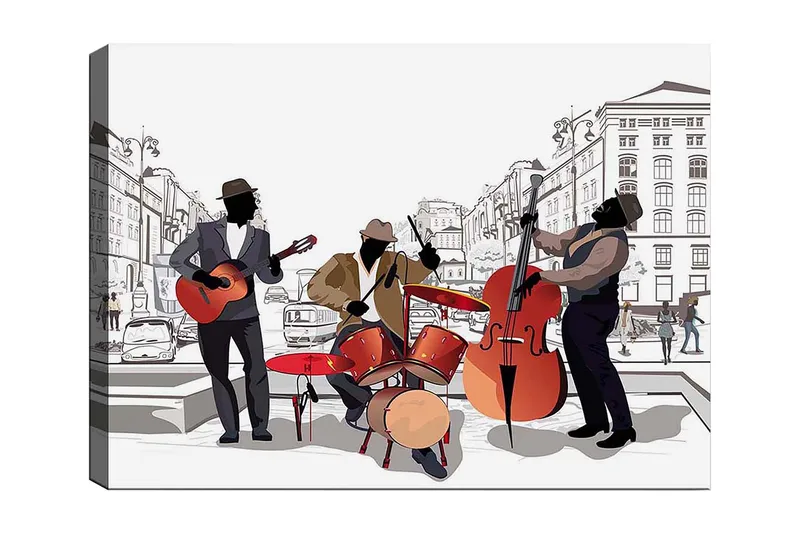 Lærred 70x100 cm - Tre musikere spiller på gaden med fokus på guitar, trommer og kontrabas, Rød / Sort / Beige