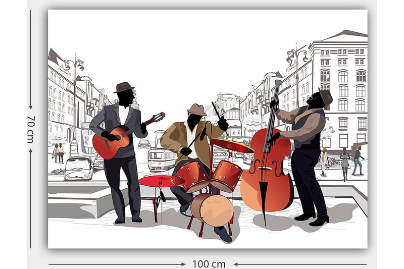 Lærred 70x100 cm - Tre musikere spiller på gaden med fokus på guitar, trommer og kontrabas - Rød / Sort / Beige - Boligtilbehør - Billeder & kunst - Billeder på lærred