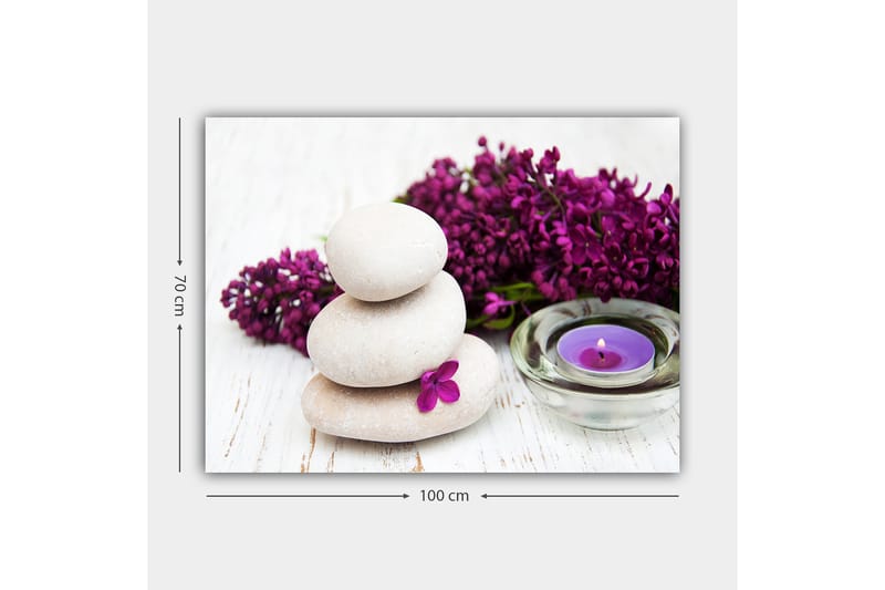 Lærred 70x100 cm - Tre stablede sten med en lilla blomst og et duftlys i en rolig og harmonisk komposition - Lysegrå / Lilla - Boligtilbehør - Billeder & kunst - Billeder på lærred
