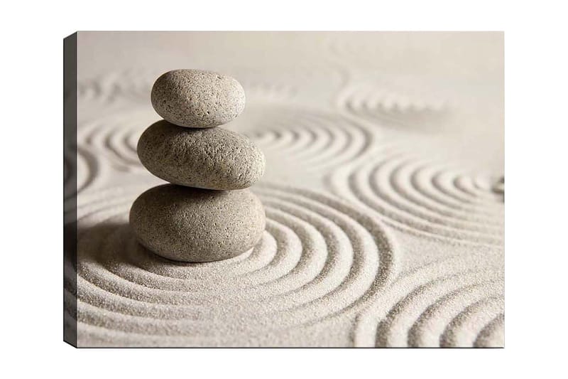 Lærred 70x100 cm - Tre stablede sten på en sandet overflade med bølgede mønstre, Grå / Beige