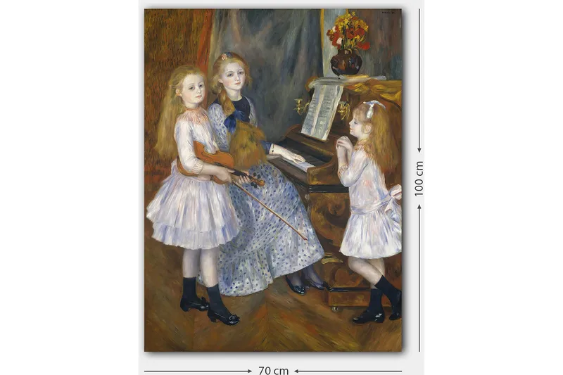 Lærred 70x100 cm - Tre piger spiller musik ved et klaver - Lyseblå / Hvid / Sort - Boligtilbehør - Billeder & kunst - Billeder på lærred