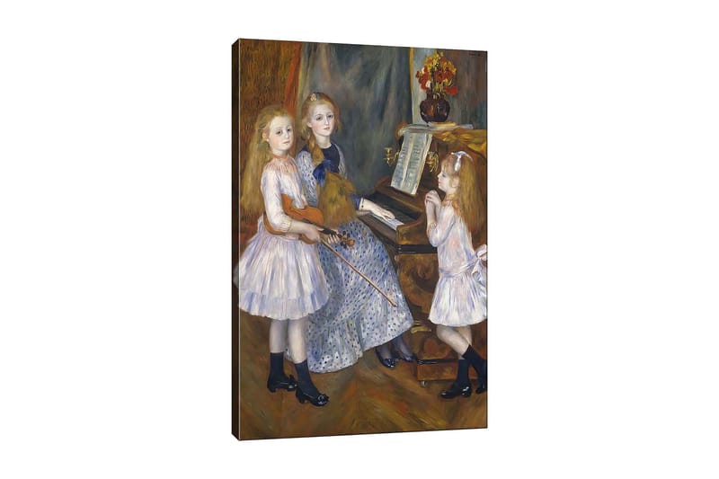 Lærred 70x100 cm - Tre piger spiller musik ved et klaver, Lyseblå / Hvid / Sort