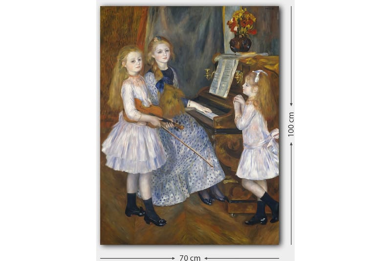 Lærred 70x100 cm - Tre piger spiller musik ved et klaver - Lyseblå / Hvid / Sort - Boligtilbehør - Billeder & kunst - Billeder på lærred