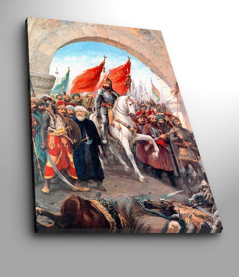 Lærred 70x100 cm - Triumferende leder på en hvid hest omgivet af en folkemængde med røde flag, Rød / Hvid / Brun