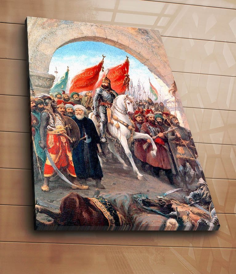 Lærred 70x100 cm - Triumferende leder på en hvid hest omgivet af en folkemængde med røde flag - Rød / Hvid / Brun - Boligtilbehør - Billeder & kunst - Billeder på lærred