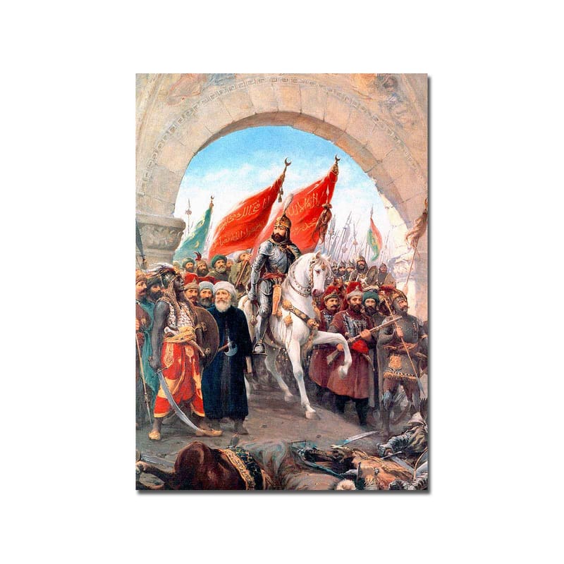 Lærred 70x100 cm - Triumferende leder på en hvid hest omgivet af en folkemængde med røde flag - Rød / Hvid / Brun - Boligtilbehør - Billeder & kunst - Billeder på lærred