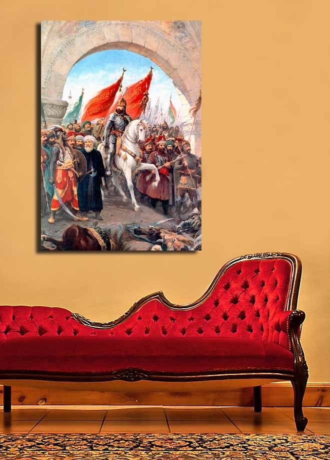 Lærred 70x100 cm - Triumferende leder på en hvid hest omgivet af en folkemængde med røde flag - Rød / Hvid / Brun - Boligtilbehør - Billeder & kunst - Billeder på lærred