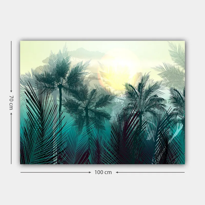 Lærred 70x100 cm - Tropisk landskab med palmer og en solopgang i baggrunden - Turkis / Grøn / Gul - Boligtilbehør - Billeder & kunst - Billeder på lærred