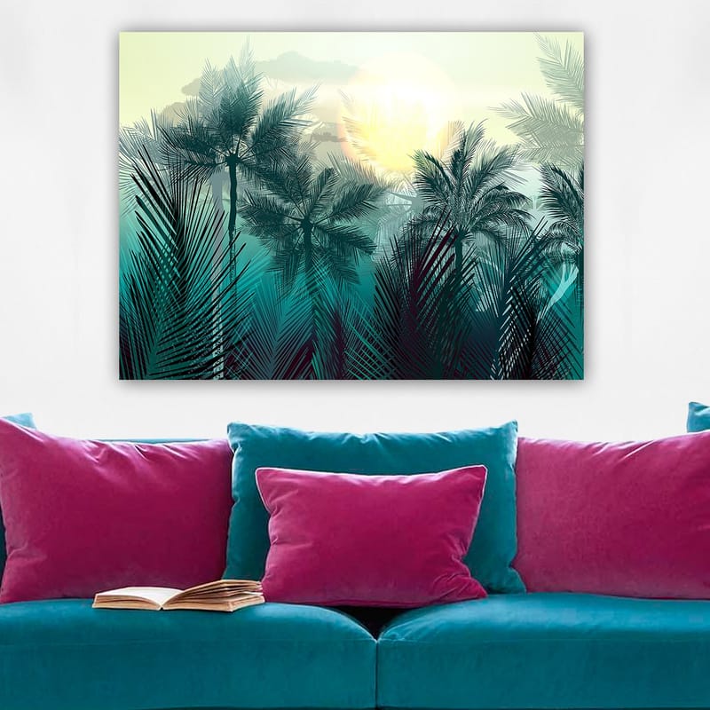 Lærred 70x100 cm - Tropisk landskab med palmer og en solopgang i baggrunden - Turkis / Grøn / Gul - Boligtilbehør - Billeder & kunst - Billeder på lærred