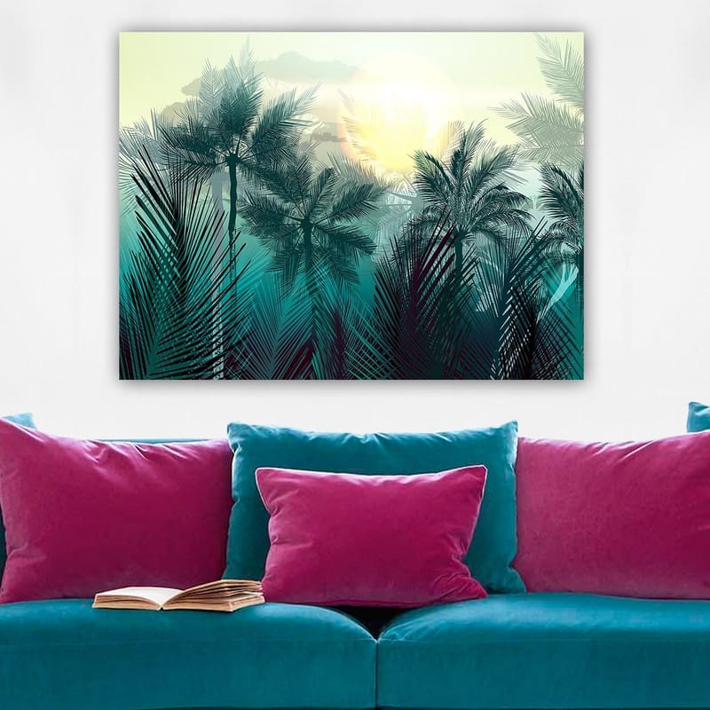 Lærred 70x100 cm - Tropisk landskab med palmer og en solopgang i baggrunden - Turkis / Grøn / Gul - Boligtilbehør - Billeder & kunst - Billeder på lærred