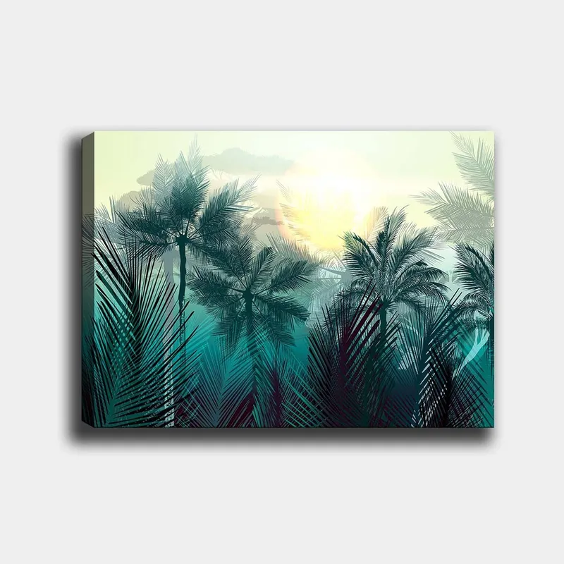 Lærred 70x100 cm - Tropisk landskab med palmer og en solopgang i baggrunden, Turkis / Grøn / Gul