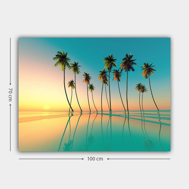Lærred 70x100 cm - Tropisk solnedgang med palmer spejlet i stille vand - Turkis / Orange / Grøn - Boligtilbehør - Billeder & kunst - Billeder på lærred
