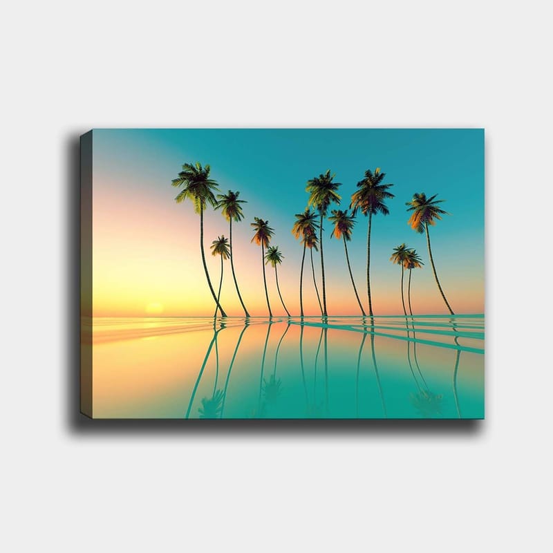 Lærred 70x100 cm - Tropisk solnedgang med palmer spejlet i stille vand, Turkis / Orange / Grøn