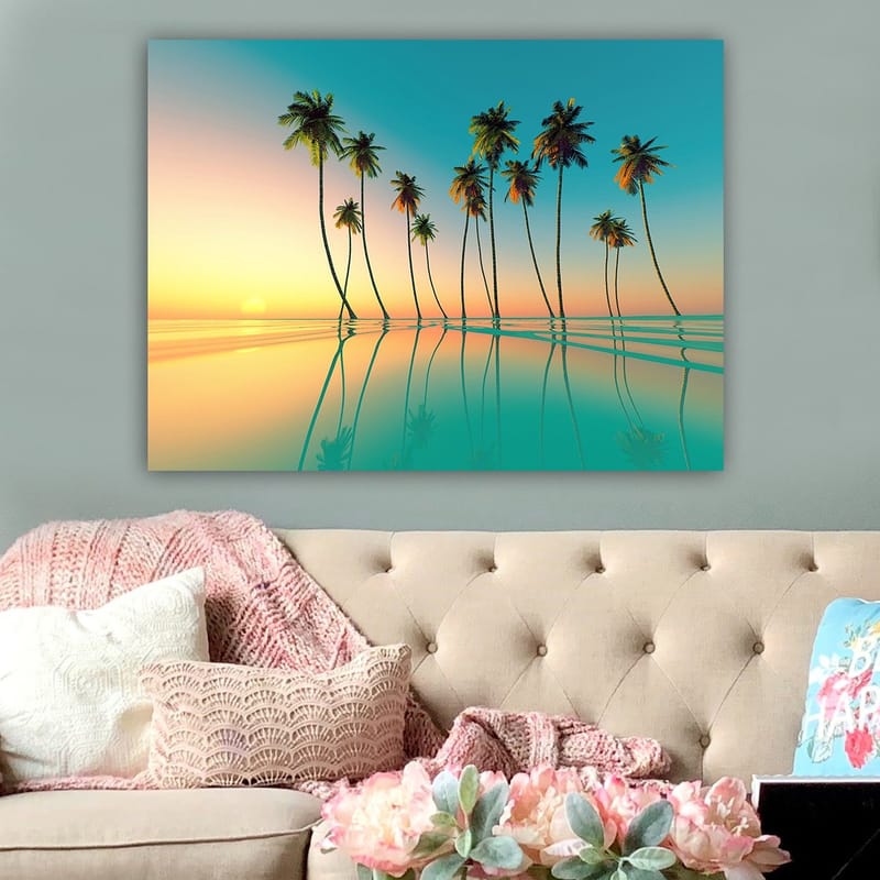 Lærred 70x100 cm - Tropisk solnedgang med palmer spejlet i stille vand - Turkis / Orange / Grøn - Boligtilbehør - Billeder & kunst - Billeder på lærred