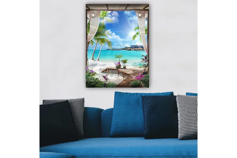 Lærred 70x100 cm - Tropisk strandudsigt med palmer, klart vand og blomster i et afslappende miljø, Turkis / Grøn / Lilla