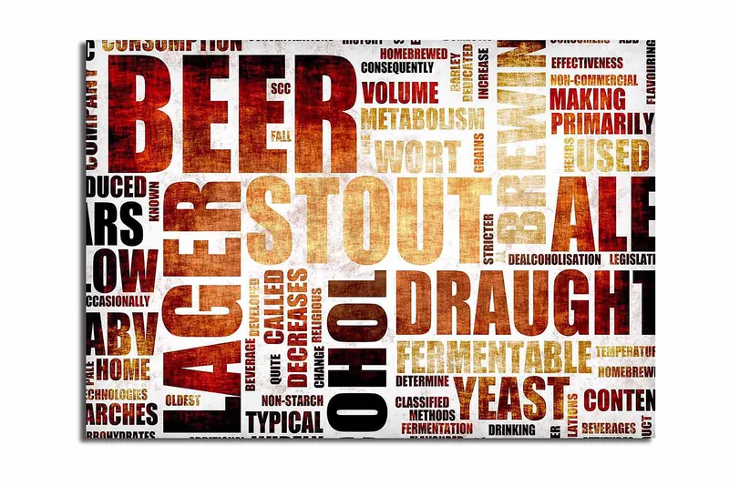 Lærred 70x100 cm - Typografisk komposition med fokus på forskellige øltyper og brygningsudtryk, Mørkebrun / Beige / Sort