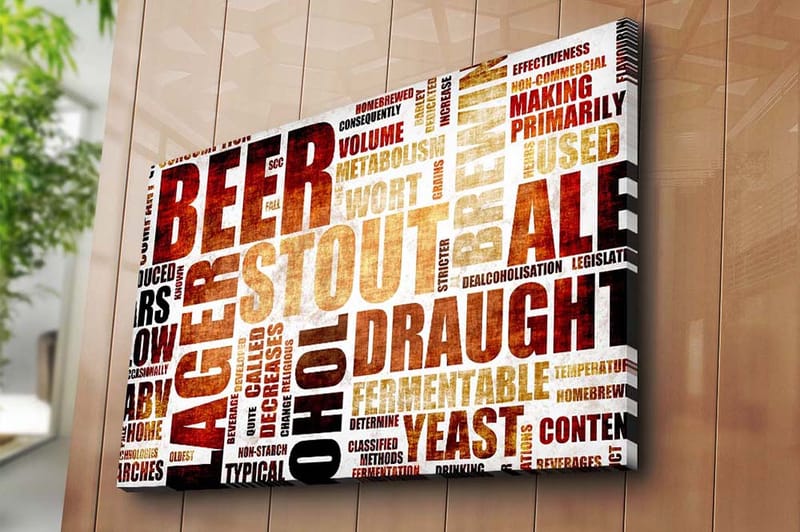 Lærred 70x100 cm - Typografisk komposition med fokus på forskellige øltyper og brygningsudtryk - Mørkebrun / Beige / Sort - Boligtilbehør - Billeder & kunst - Billeder på lærred