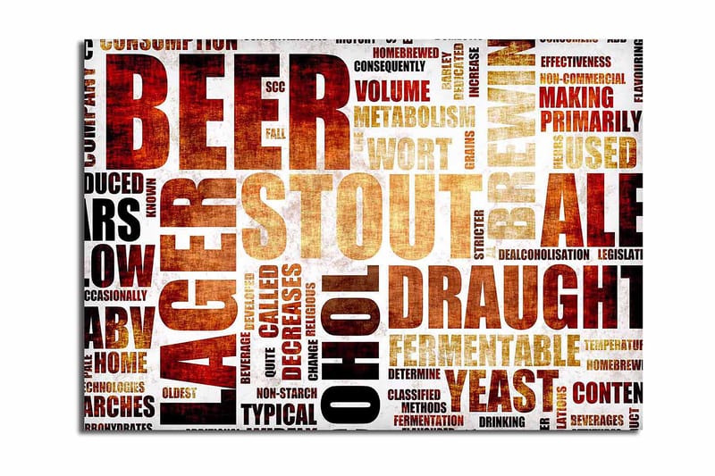 Lærred 70x100 cm - Typografisk komposition med fokus på forskellige øltyper og brygningsudtryk, Mørkebrun / Beige / Sort