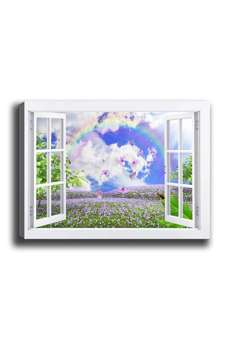 Lærred 70x100 cm - Udsigt fra åbent vindue med en blomstrende eng, sommerfugle og en regnbue under en blå himmel, Lilla / Grøn / Blå