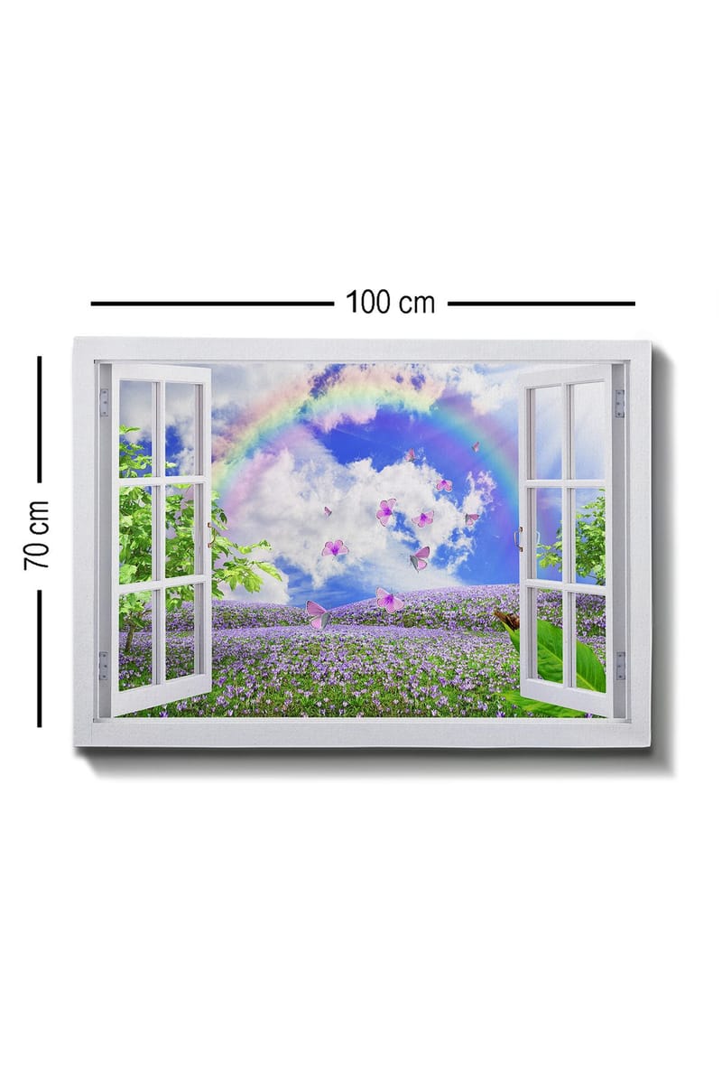 Lærred 70x100 cm - Udsigt fra åbent vindue med en blomstrende eng, sommerfugle og en regnbue under en blå himmel - Lilla / Grøn / Blå - Boligtilbehør - Billeder & kunst - Billeder på lærred
