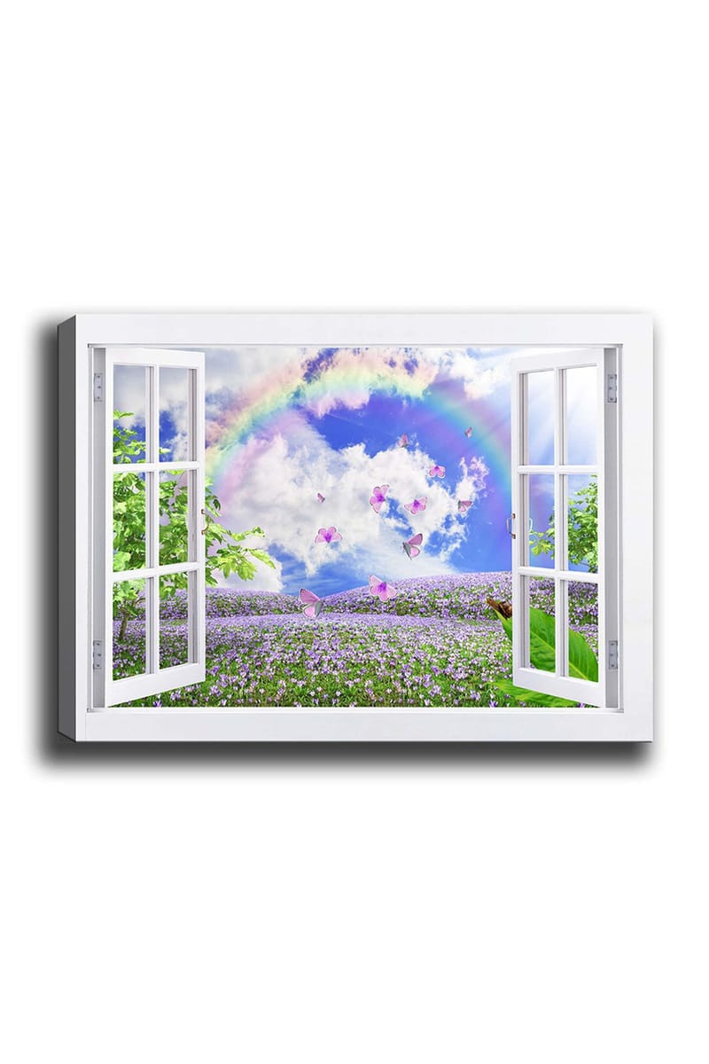 Lærred 70x100 cm - Udsigt fra åbent vindue med en blomstrende eng, sommerfugle og en regnbue under en blå himmel, Lilla / Grøn / Blå