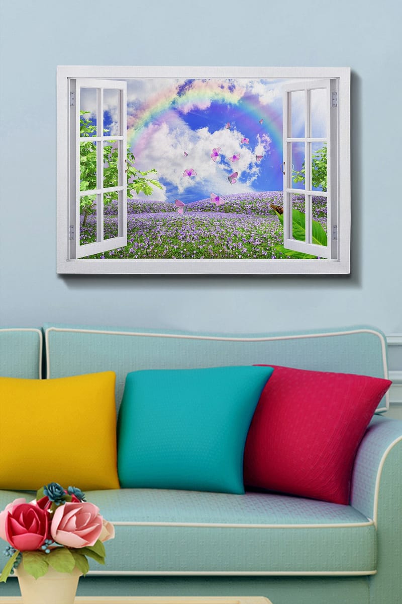 Lærred 70x100 cm - Udsigt fra åbent vindue med en blomstrende eng, sommerfugle og en regnbue under en blå himmel - Lilla / Grøn / Blå - Boligtilbehør - Billeder & kunst - Billeder på lærred