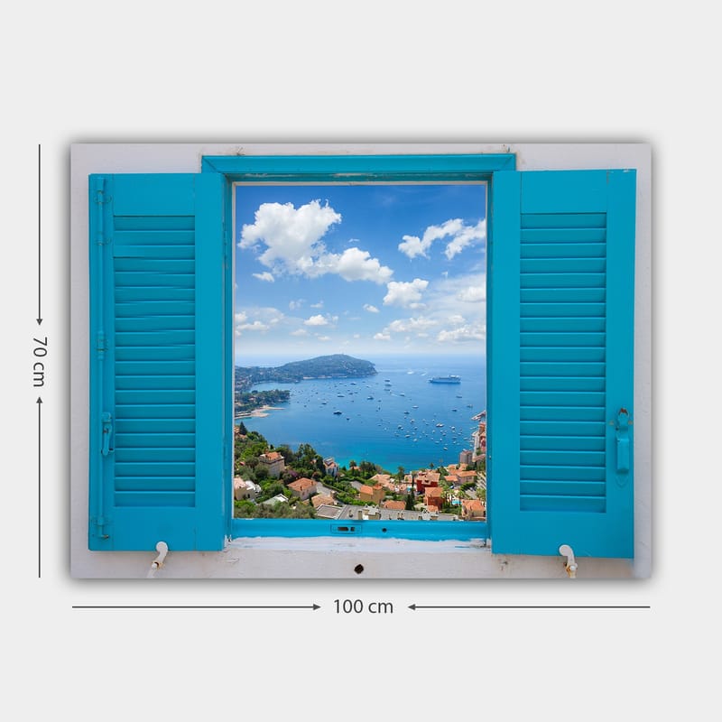 Lærred 70x100 cm - Udsigt gennem et åbent vindue med hav og himmel i fokus - Blå / Grøn / Hvid - Boligtilbehør - Billeder & kunst - Billeder på lærred