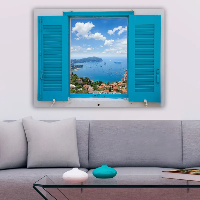Lærred 70x100 cm - Udsigt gennem et åbent vindue med hav og himmel i fokus - Blå / Grøn / Hvid - Boligtilbehør - Billeder & kunst - Billeder på lærred