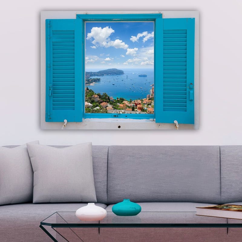 Lærred 70x100 cm - Udsigt gennem et åbent vindue med hav og himmel i fokus - Blå / Grøn / Hvid - Boligtilbehør - Billeder & kunst - Billeder på lærred