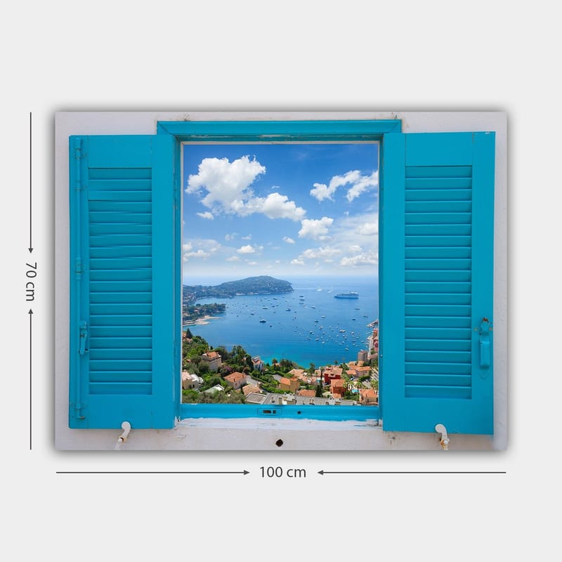 Lærred 70x100 cm - Udsigt gennem et åbent vindue med hav og himmel i fokus - Blå / Grøn / Hvid - Boligtilbehør - Billeder & kunst - Billeder på lærred