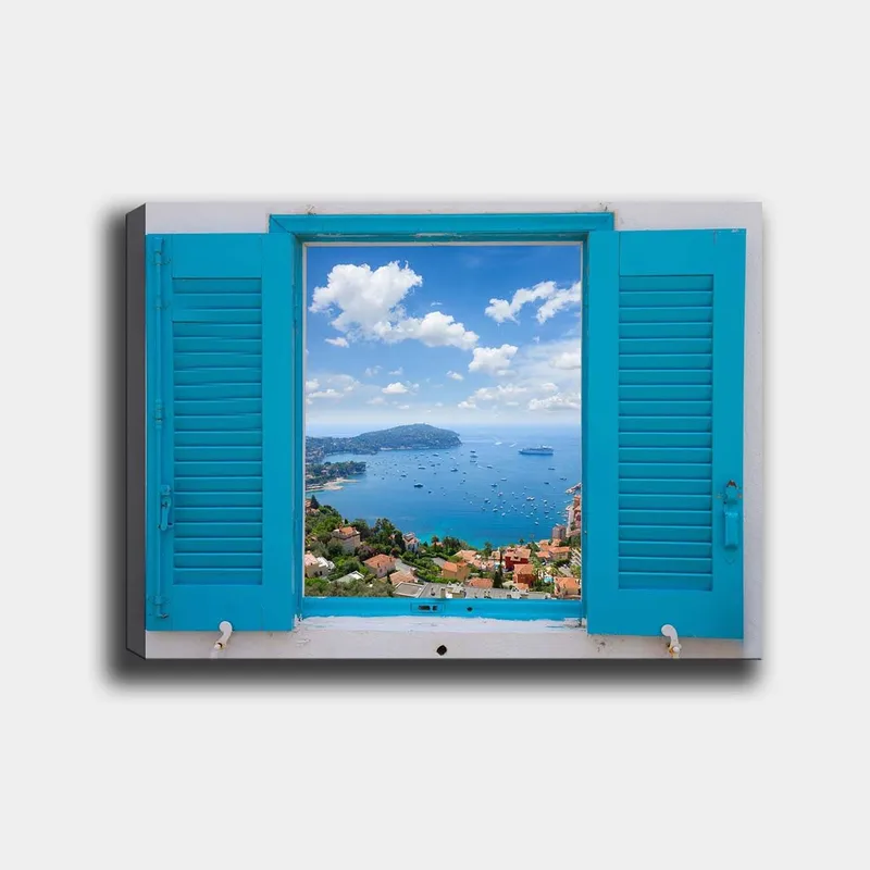 Lærred 70x100 cm - Udsigt gennem et åbent vindue med hav og himmel i fokus, Blå / Grøn / Hvid