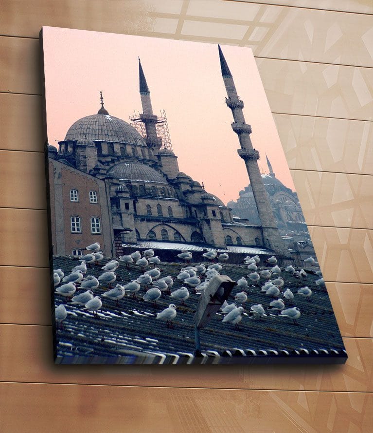 Lærred 70x100 cm - Udsigt over en historisk moské med fugle siddende på taget - Grå / Blå / Beige - Boligtilbehør - Billeder & kunst - Billeder på lærred