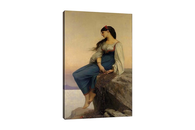 Lærred 70x100 cm - Ung kvinde sidder på en klippe med et eftertænksomt blik, iført en blå kjole med hvide ærmer, Blå / Hvid / Rød