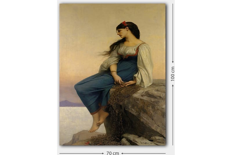 Lærred 70x100 cm - Ung kvinde sidder på en klippe med et eftertænksomt blik, iført en blå kjole med hvide ærmer - Blå / Hvid / Rød - Boligtilbehør - Billeder & kunst - Billeder på lærred