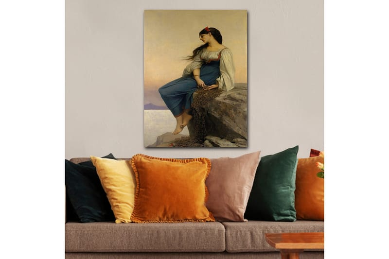 Lærred 70x100 cm - Ung kvinde sidder på en klippe med et eftertænksomt blik, iført en blå kjole med hvide ærmer - Blå / Hvid / Rød - Boligtilbehør - Billeder & kunst - Billeder på lærred