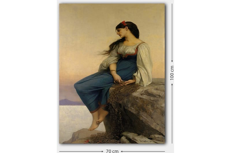 Lærred 70x100 cm - Ung kvinde sidder på en klippe med et eftertænksomt blik, iført en blå kjole med hvide ærmer - Blå / Hvid / Rød - Boligtilbehør - Billeder & kunst - Billeder på lærred