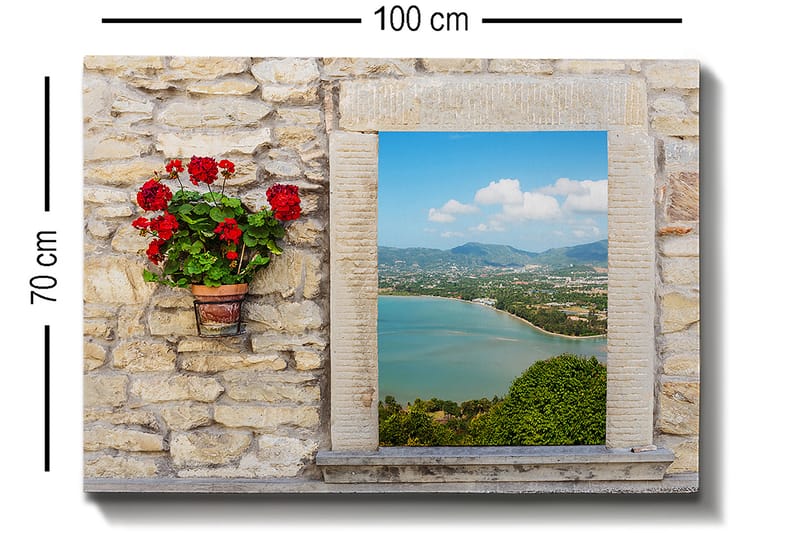 Lærred 70x100 cm - Urtepotte med røde blomster på en klippevæg, der indrammer en smuk udsigt over havet og landskabet - Rød / Grøn / Beige - Boligtilbehør - Billeder & kunst - Billeder på lærred