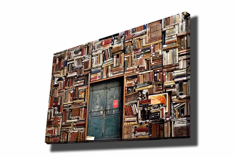 Lærred 70x100 cm - Væg dækket af bøger med en dør i midten, Brun / Grøn / Rød