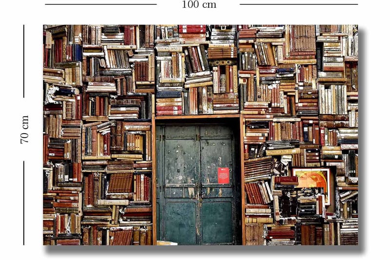 Lærred 70x100 cm - Væg dækket af bøger med en dør i midten - Brun / Grøn / Rød - Boligtilbehør - Billeder & kunst - Billeder på lærred
