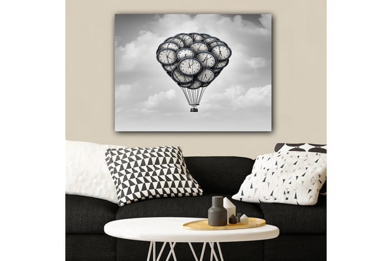 Lærred 70x100 cm - Varmluftballon formet af klokker, der svæver i en drømmeagtig himmel - Grå / Sort / Hvid - Boligtilbehør - Billeder & kunst - Billeder på lærred